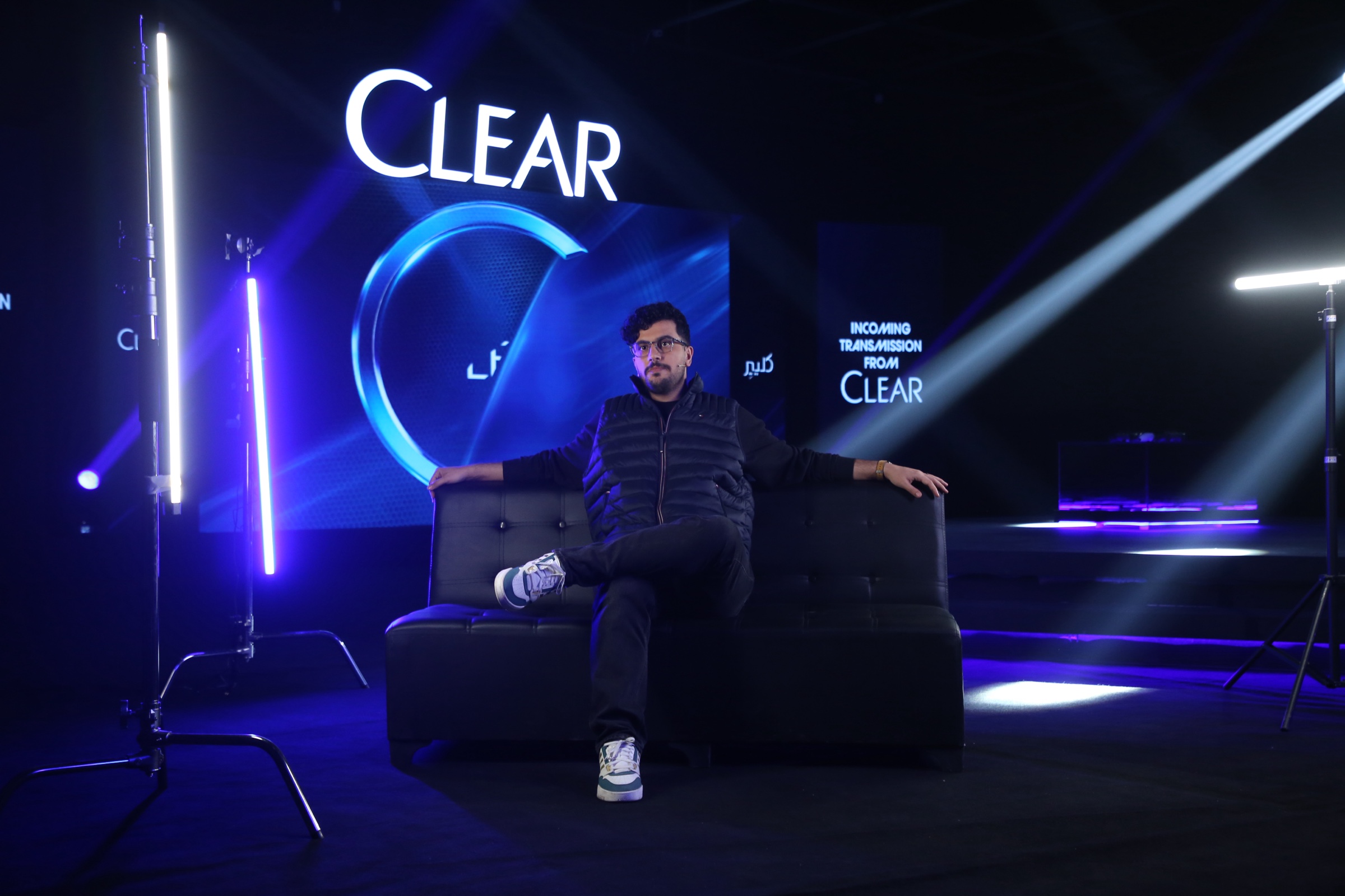 Clear E-Game Campaign studio scene with blue light and brand screens